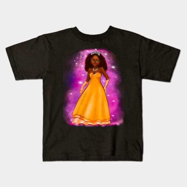 Black anime princess  ! black girl with Afro hair, green eyes, and dark brown skin. Hair love !on pink background Kids T-Shirt by Artonmytee